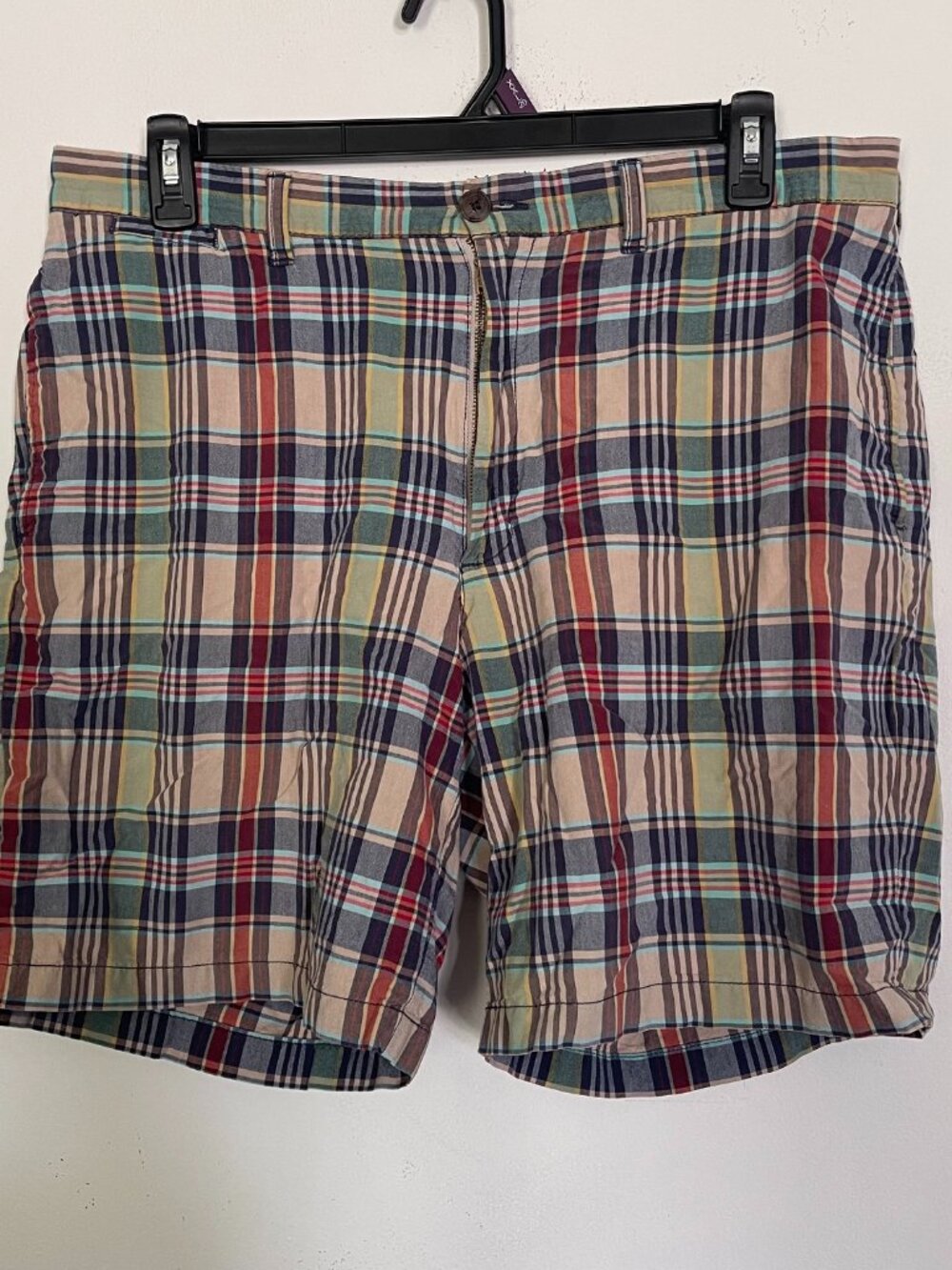 Lands End Mens Plaid Chino Shorts Size 38 Tan Blue Madras Style Cotton T13